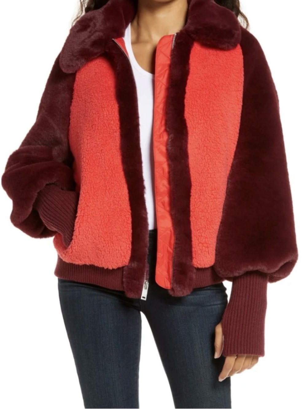 UGG Two-Tone Faux-Shearling Bomber Jacket in Burgundy & Coral